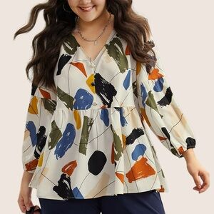 BloomChic Plus Size Brush Print Button Detail Elastic Cuffs Blouse